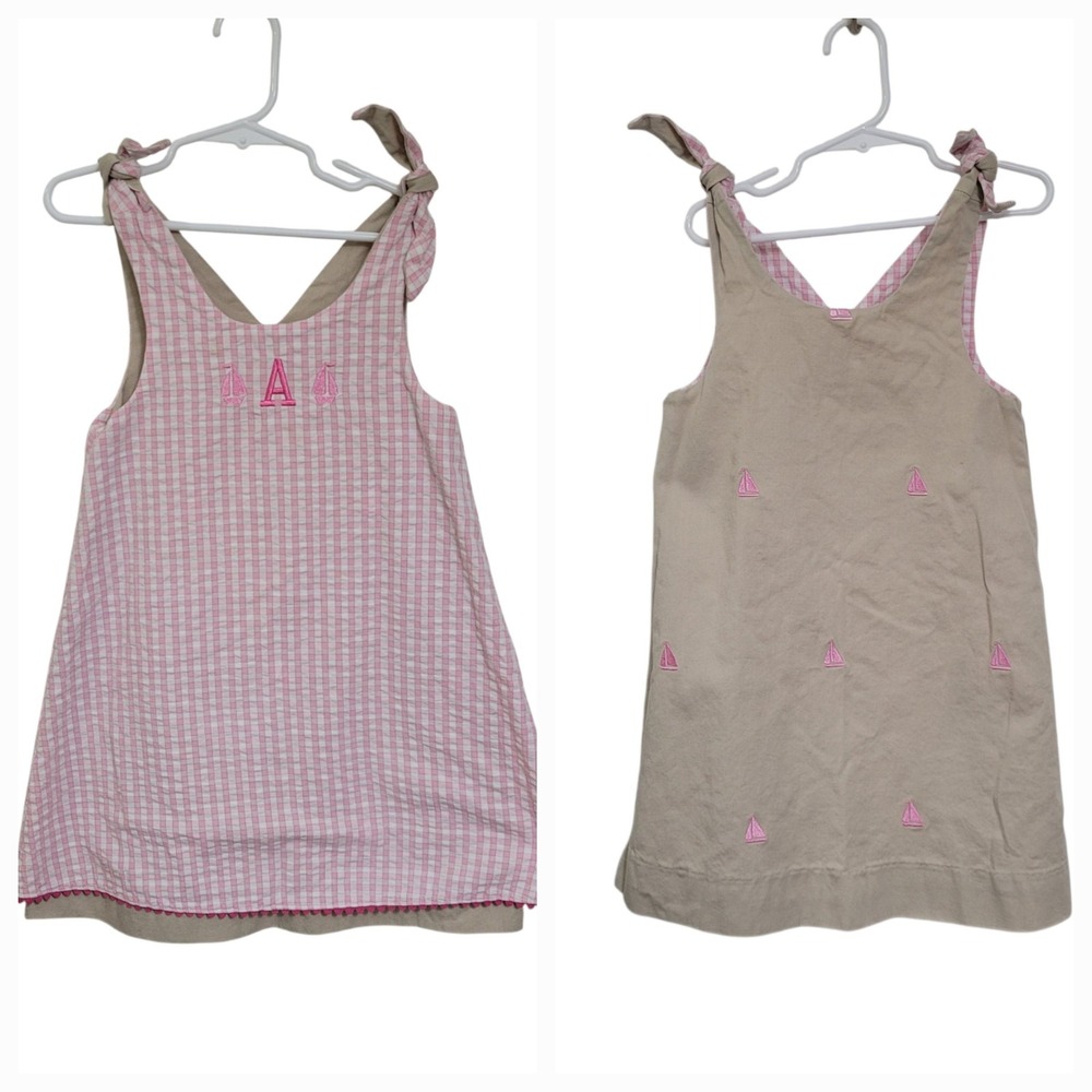 Just Ducky Reversible Dress Pink Gingham Tan Embroidered Sailboats Sz 5 Mono A‎